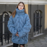 5-Strand Thick Blue Wool Sweater – Huge Hand-Knitted Chunky Oversized Pullover T1027