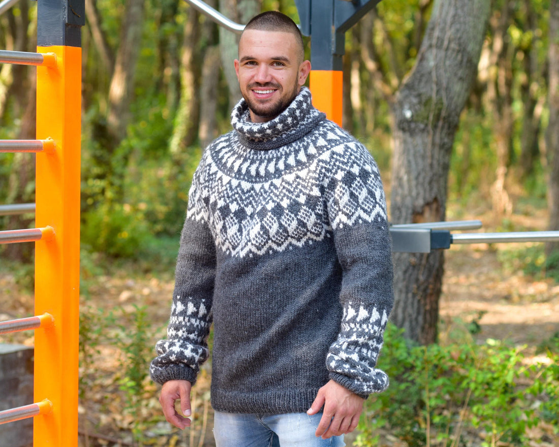 Gray Lopi Wool Sweater – Hand-Knitted Icelandic Style Jumper T822M