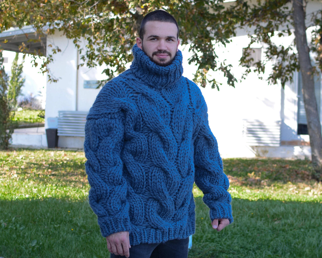 Blue Pure Wool Sweater – Mega Thick Hand-Knitted Cable Knit Turtleneck Pullover T660M