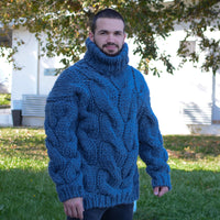 Blue Pure Wool Sweater – Mega Thick Hand-Knitted Cable Knit Turtleneck Pullover T660M