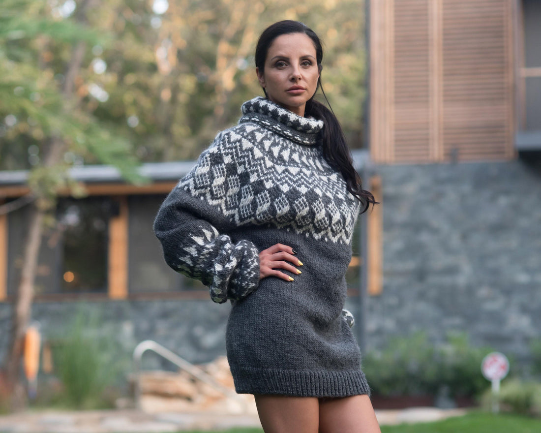 Gray Lopi Wool Sweater – Hand-Knitted Icelandic Style Jumper T822M