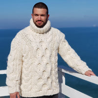Hand-Knitted Cream Wool Sweater – Chunky Cable Knit Oversized Pullover T657M
