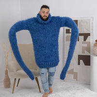 Oversized Blue Mohair Sweater – 6-Strand Hand-Knitted Wool Blend Jumper with Extra Long Sleeves T1672