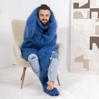 Oversized Blue Mohair Sweater – 6-Strand Hand-Knitted Wool Blend Jumper with Extra Long Sleeves T1672