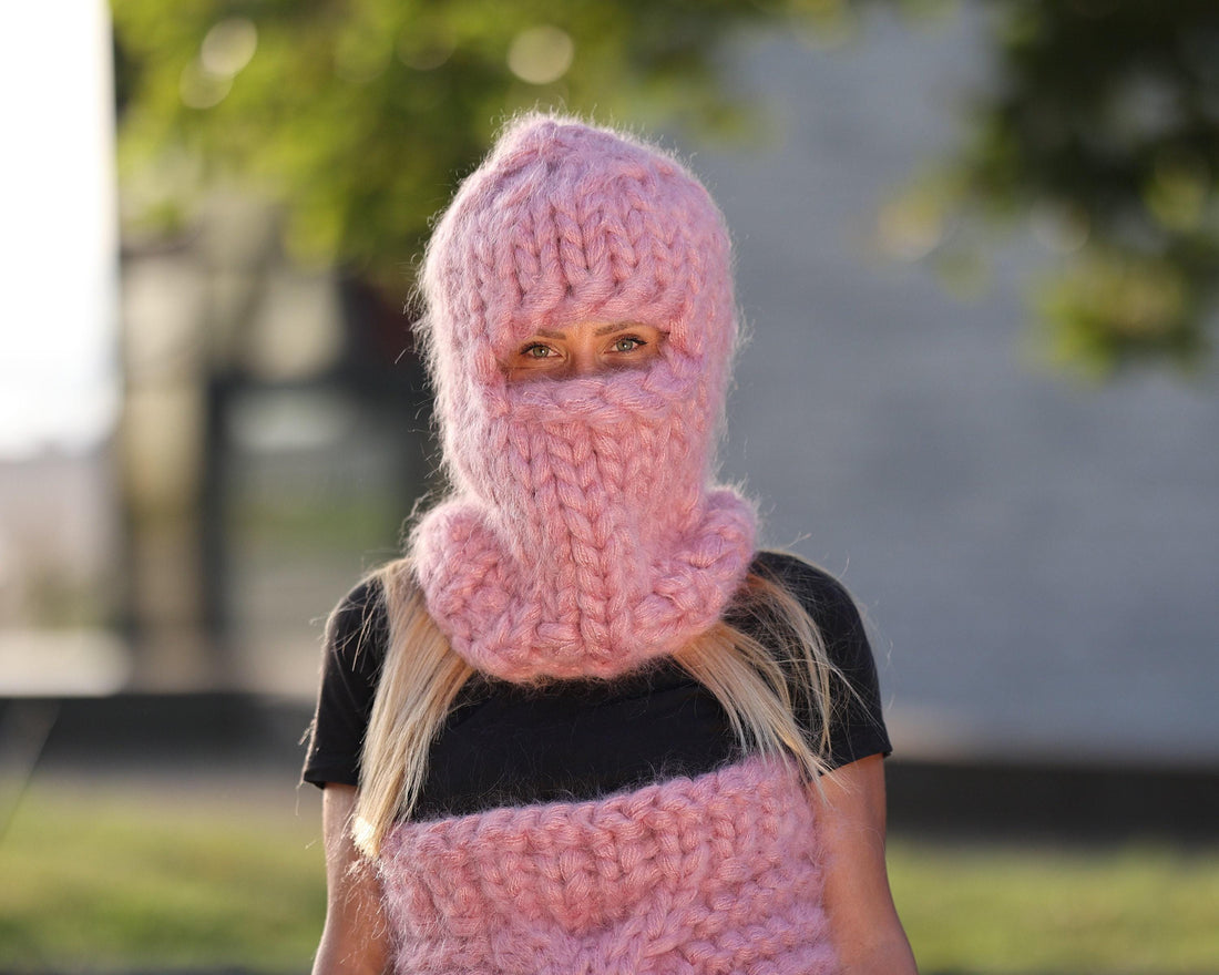 30-Strand Mohair Balaclava – Hand Knitted Chunky Winter Hat T1455