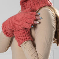Hand Knit Wool Fingerless Gloves, Pink Woolen Mittens T1009