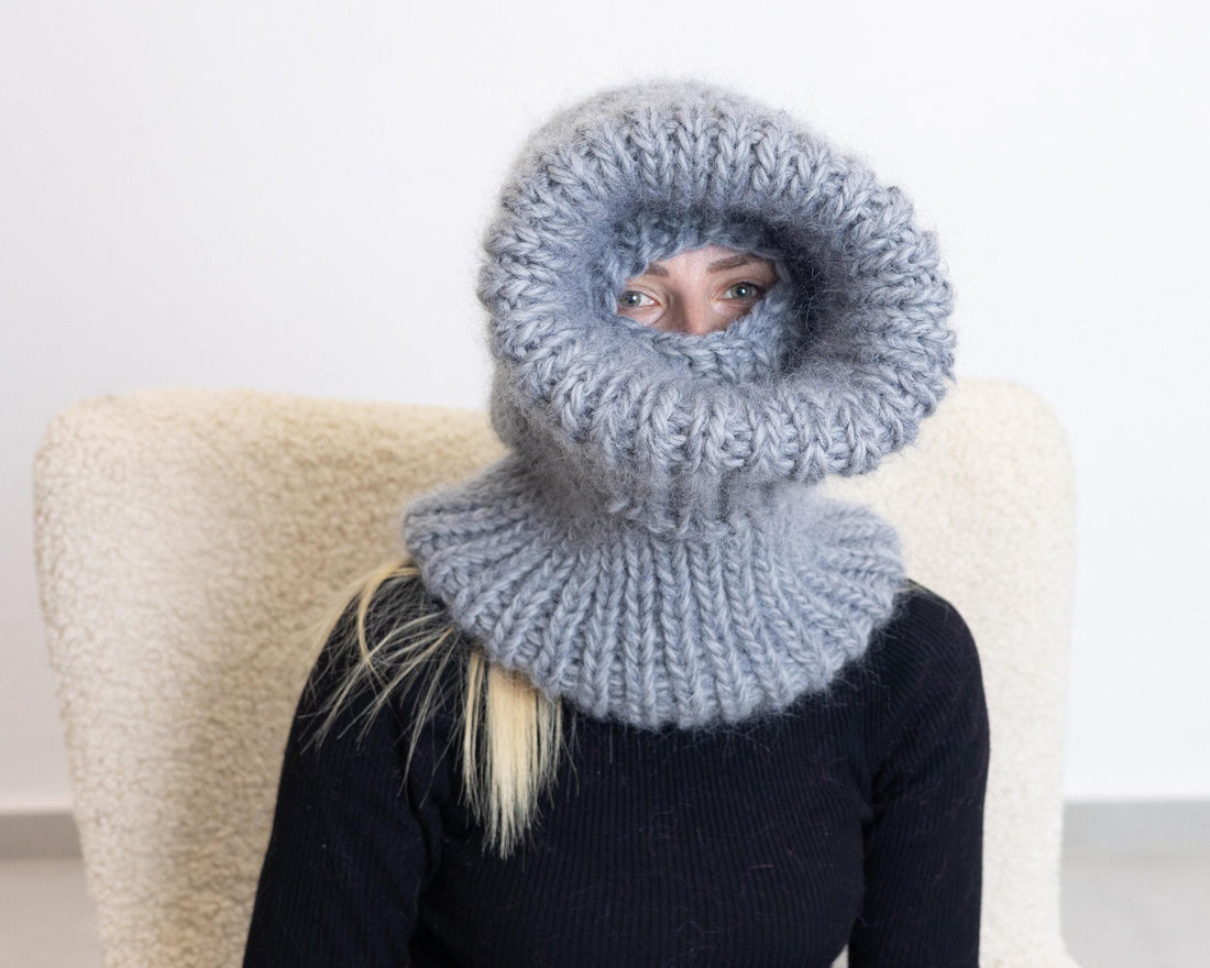 Mohair Wool Balaclava – Hand Knitted Chunky Winter Hood T1527