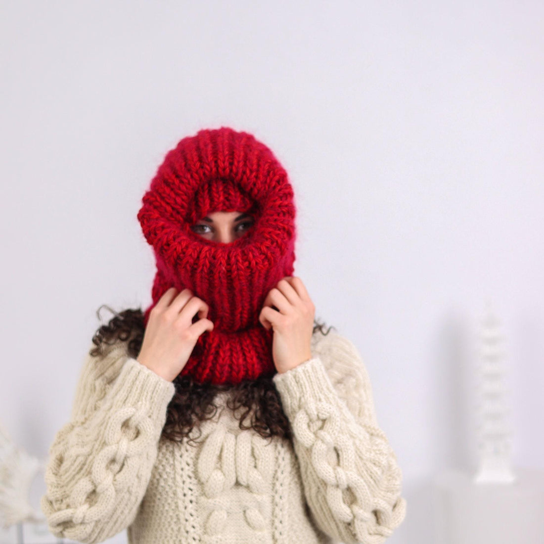 Mohair Wool Balaclava – Hand Knitted Chunky Winter Hood T1651