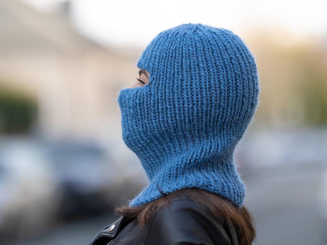 Blue Wool Balaclava – Hand Knitted Slouchy Beanie Ski Mask T1169