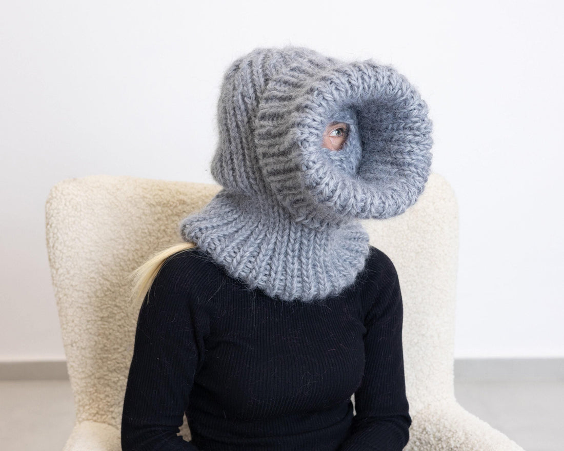 Mohair Wool Balaclava – Hand Knitted Chunky Winter Hood T1527