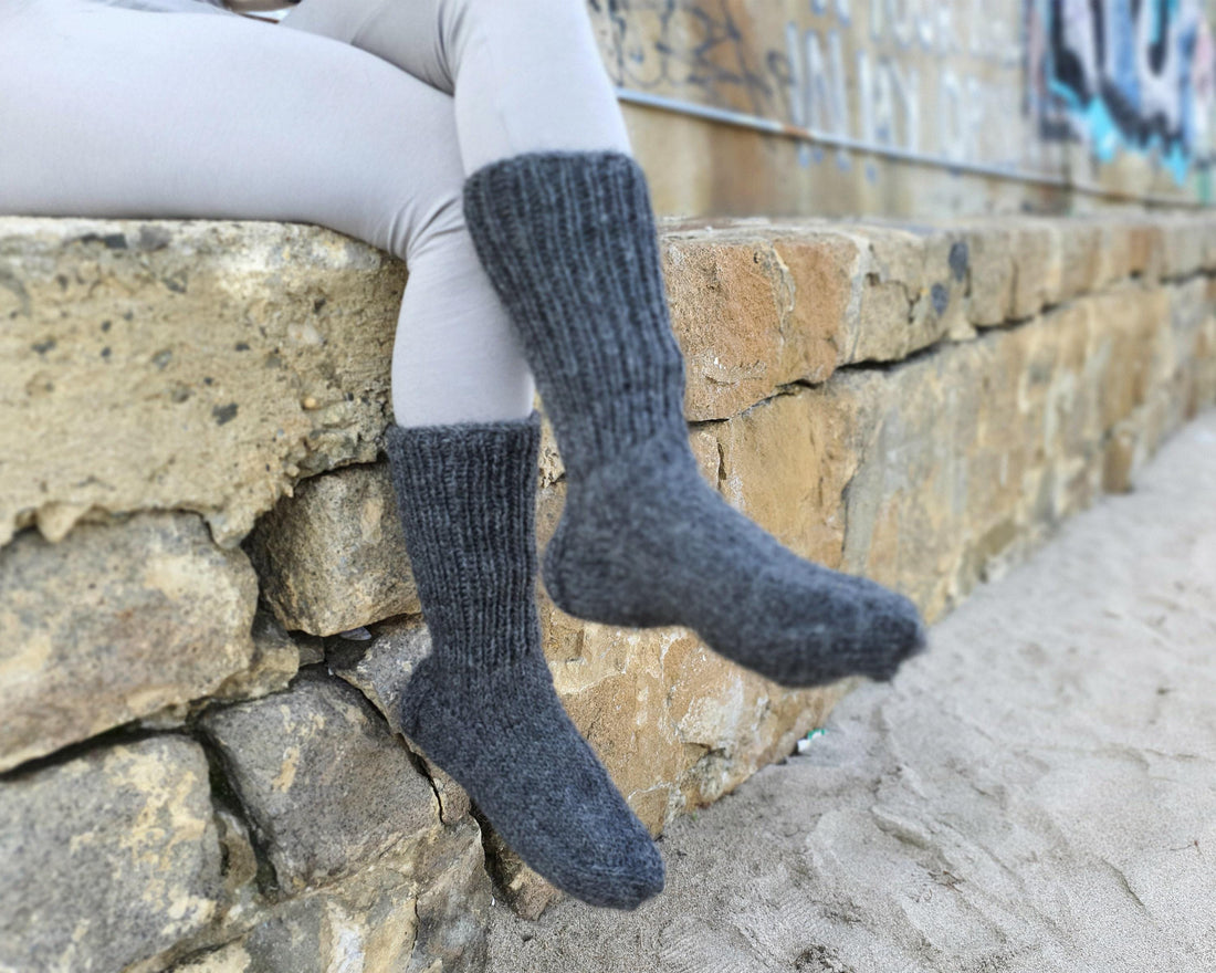 Gray Wool Socks – Hand Knitted Warm Winter Legwarmers, Soft Woolen Socks T927