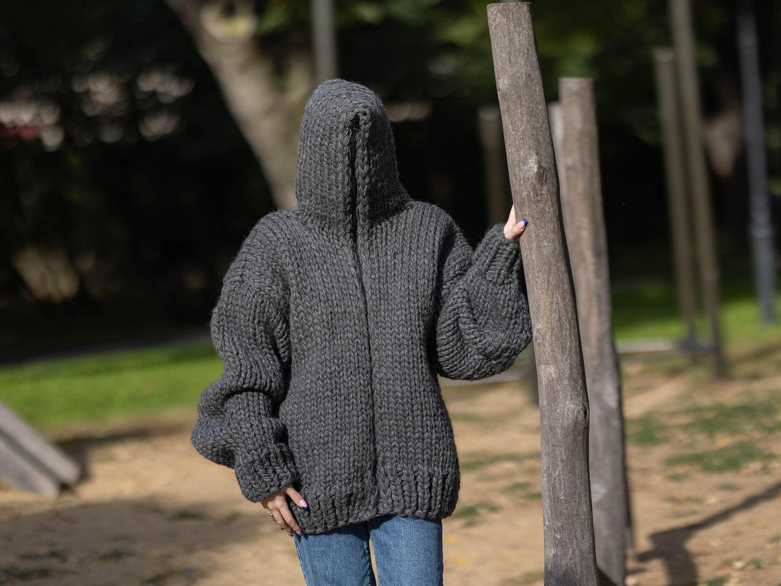 Chunky Wool Cardigan – Hand Knitted Fully Zipped Jacket T1286