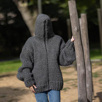 Chunky Wool Cardigan – Hand Knitted Fully Zipped Jacket T1286