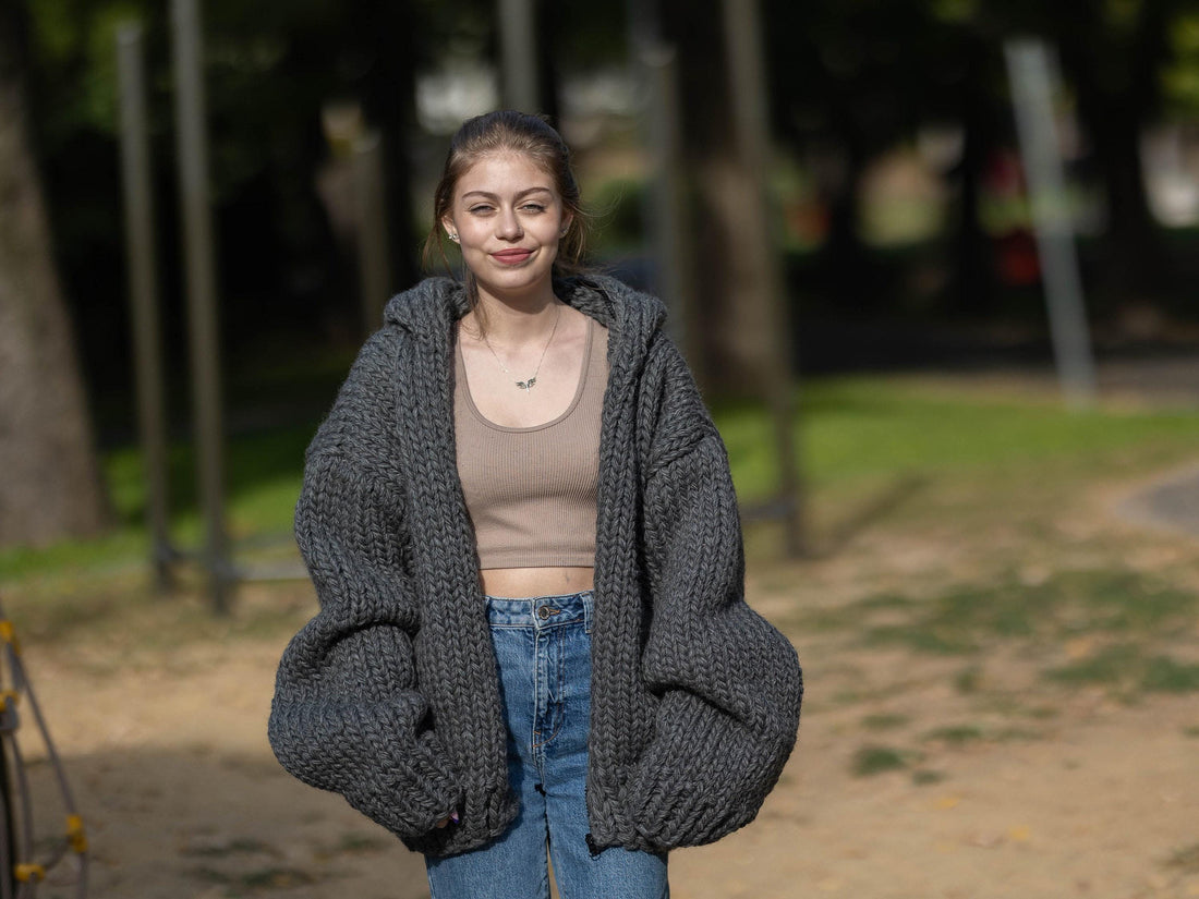 Chunky Wool Cardigan – Hand Knitted Fully Zipped Jacket T1286