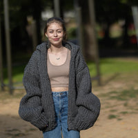 Chunky Wool Cardigan – Hand Knitted Fully Zipped Jacket T1286