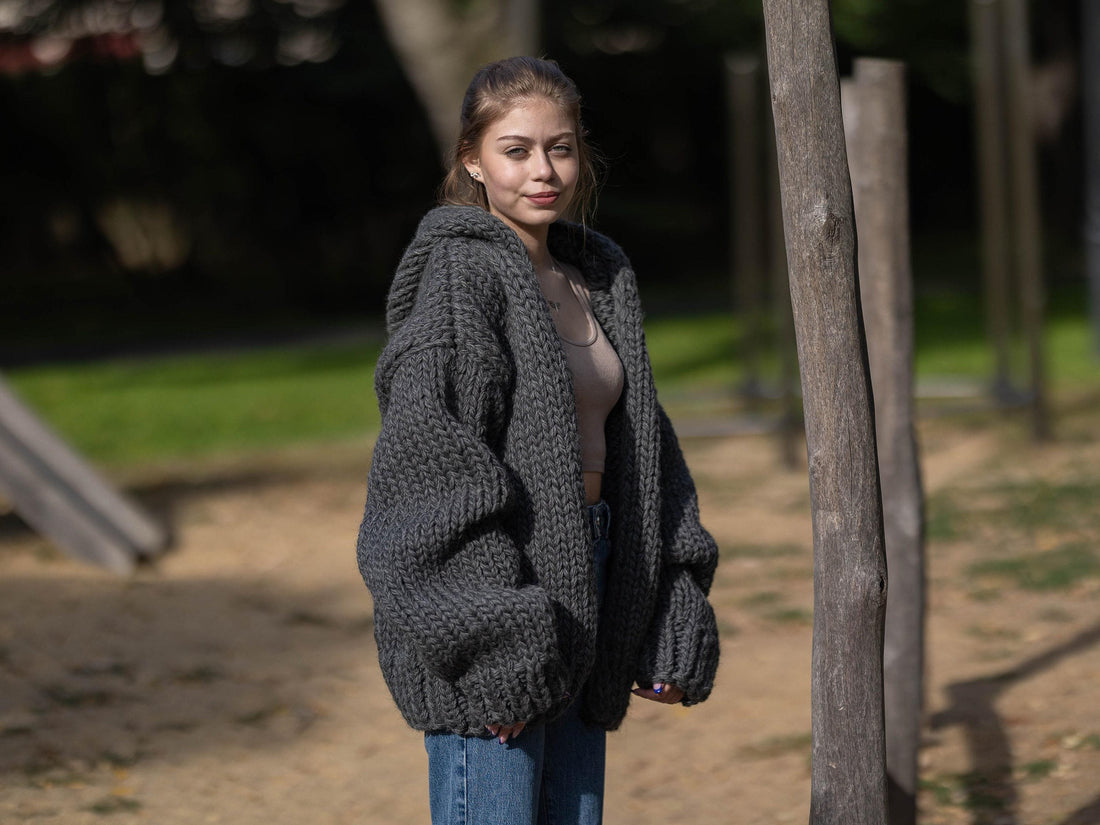 Chunky Wool Cardigan – Hand Knitted Fully Zipped Jacket T1286