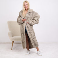 Chunky Cable Knit Cardigan – 100% Wool Hand Knitted Long Coat T1891