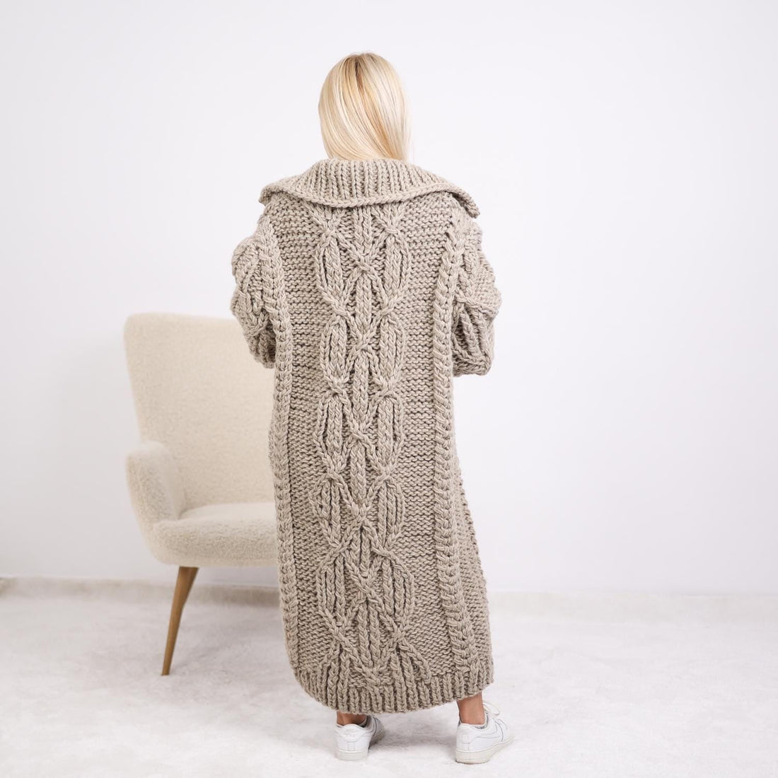 Chunky Cable Knit Cardigan – 100% Wool Hand Knitted Long Coat T1891