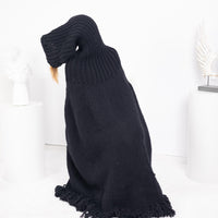 Black Wool Poncho – Hand Knitted Chunky Knit with 80 cm Turtleneck T1754