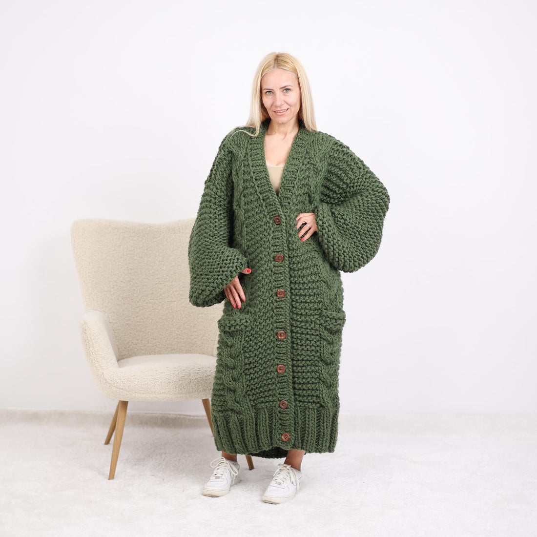 Green Wool Cardigan – Hand Knitted Long Cable Knit Coat with Buttons T1892