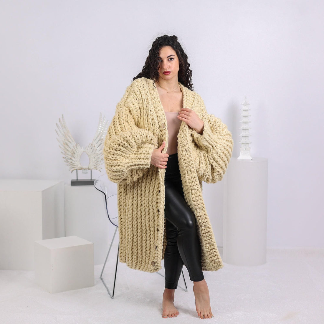 Cream Wool Cardigan – Hand Knitted Maxi Coat with Extra Wide Sleeves T1647