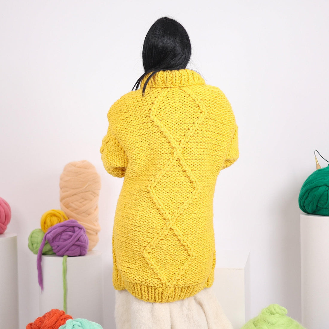 Yellow Wool Cardigan – Hand Knitted Cable Knit Sweater T1604