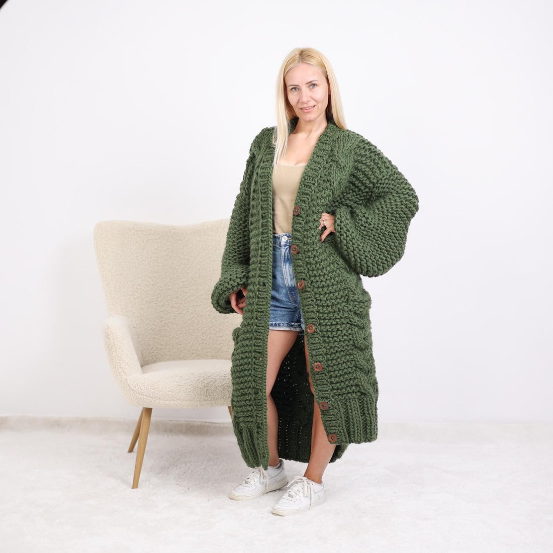 Green Wool Cardigan – Hand Knitted Long Cable Knit Coat with Buttons T1892