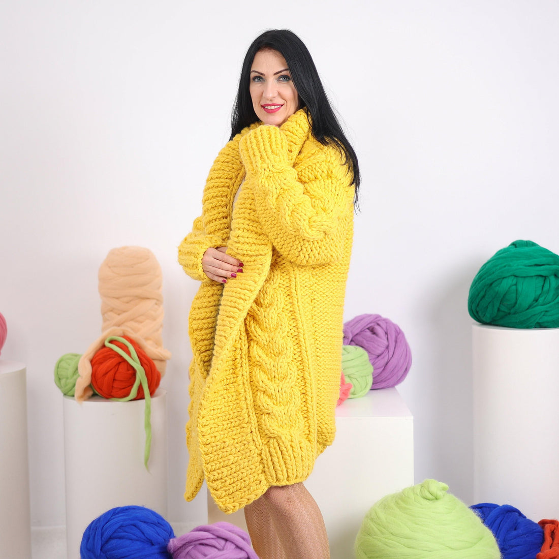 Yellow Wool Cardigan – Hand Knitted Cable Knit Sweater T1604