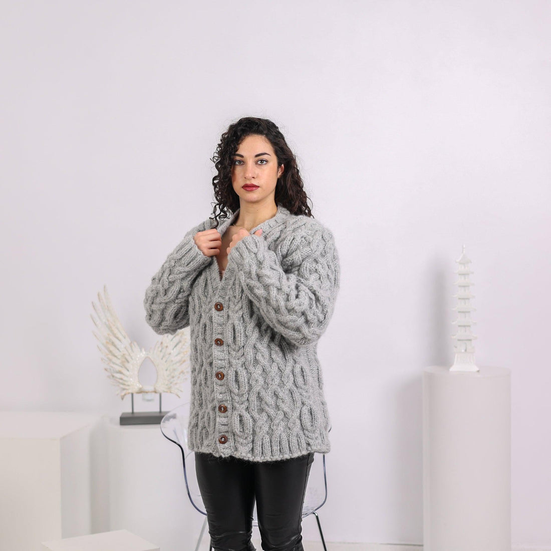 Extra Chunky Gray Cardigan – 10-Strand Hand Knitted Alpaca Merino Wool Blend T1644