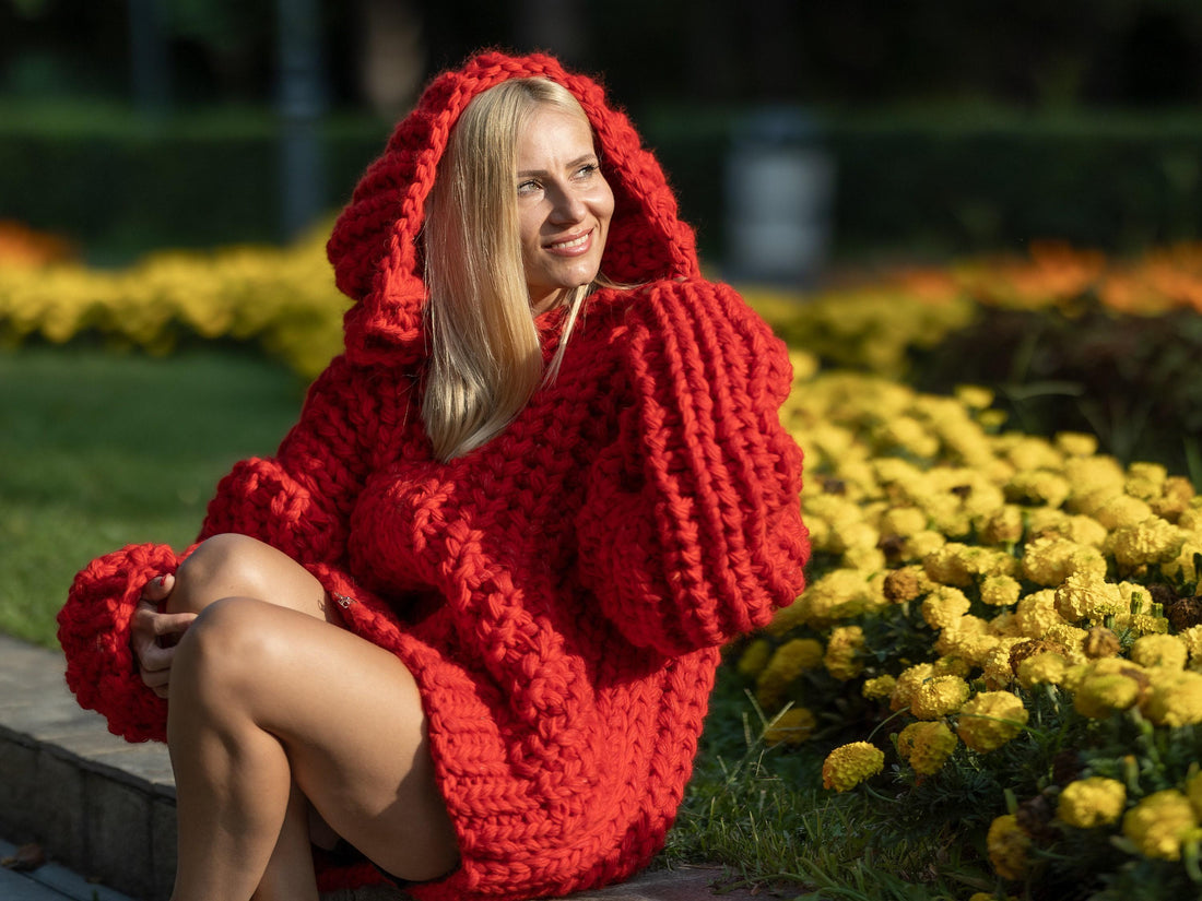 Extra Chunky Red Mohair Cardigan – 25-Strand Hand Knitted Wool Blend Coat T1241