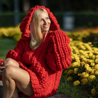 Extra Chunky Red Mohair Cardigan – 25-Strand Hand Knitted Wool Blend Coat T1241