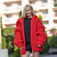 Extra Chunky Red Mohair Cardigan – 25-Strand Hand Knitted Wool Blend Coat T1241