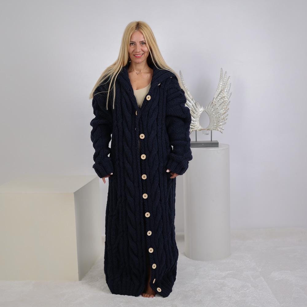Extra Long Cable Cardigan – Hand Knitted Yak Wool Coat with 50 cm Turtleneck T1919