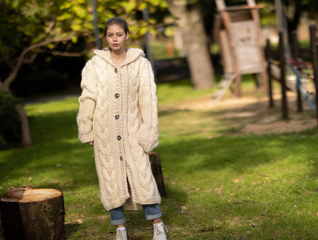 Cream Wool Cardigan – Hand Knitted Cable Knit Sweater T1288