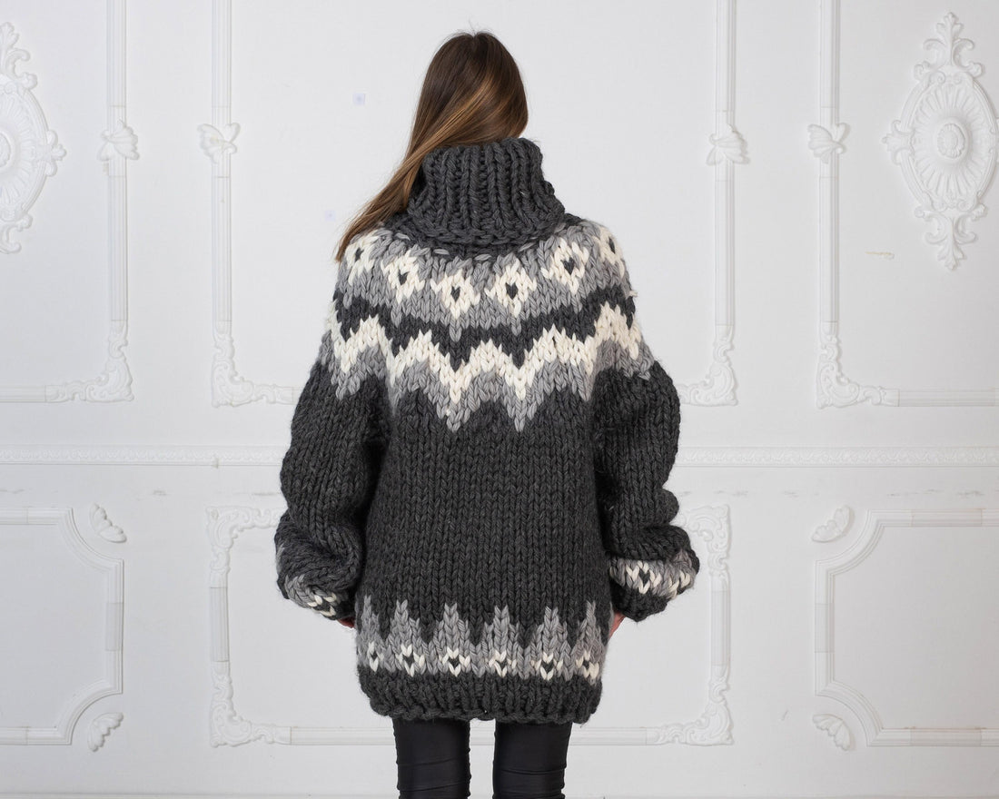 Super Chunky Nordic Wool Sweater, Hand Knitted Thick Icelandic Pullover T978