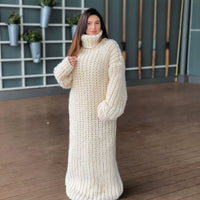 Extra Chunky Wool Sweater Dress, Hand Knitted English Rib Turtleneck Maxi Dress T934