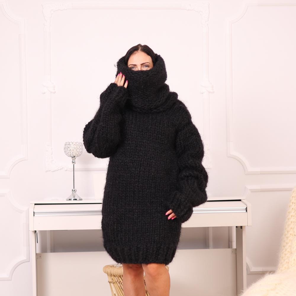 12 Strands Mohair Sweater Dress, Hand Knitted Extra Chunky 100 cm Turtleneck T1979