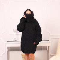 12 Strands Mohair Sweater Dress, Hand Knitted Extra Chunky 100 cm Turtleneck T1979