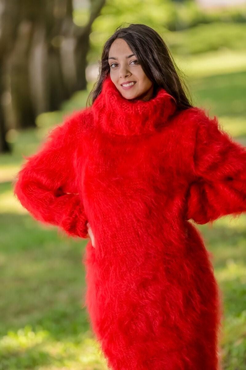 Hand Knitted Mohair Sweater Dress, Fluffy Ribbed Turtleneck Pullover with Mittens T333