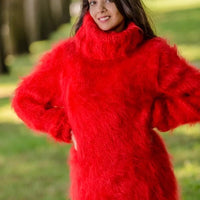 Hand Knitted Mohair Sweater Dress, Fluffy Ribbed Turtleneck Pullover with Mittens T333