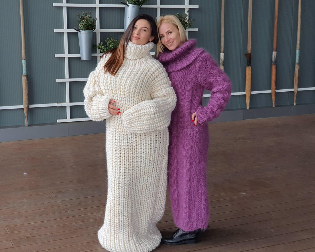 Extra Chunky Wool Sweater Dress, Hand Knitted English Rib Turtleneck Maxi Dress T934