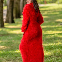 Hand Knitted Mohair Sweater Dress, Fluffy Ribbed Turtleneck Pullover with Mittens T333