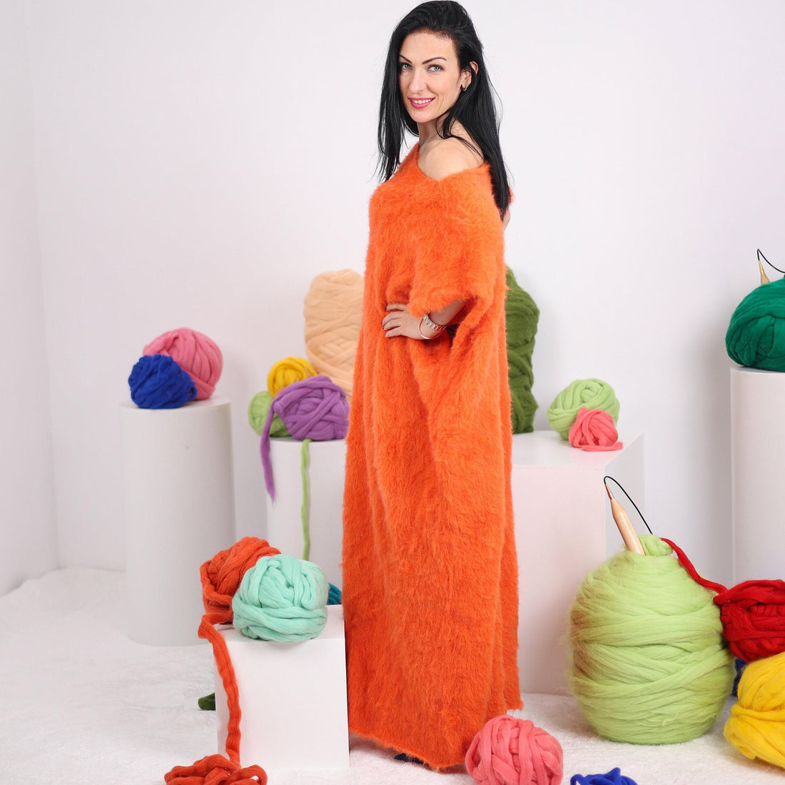 Extra Wide Orange Alpaca Dress, Hand Knitted Fluffy Sleeveless Fuzzy Maxi Dress T1611