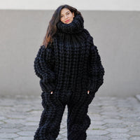 Wool Catsuit – 16-Strand Hand-Knitted Chunky 100% Wool Bodysuit with Turtleneck in English Rib – T1054