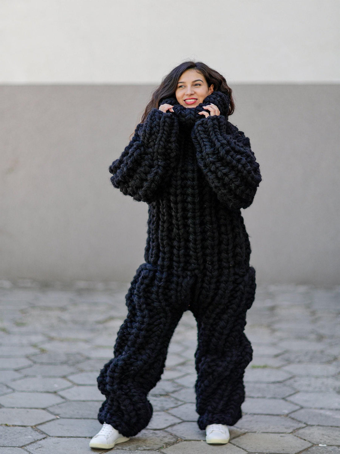 Wool Catsuit – 16-Strand Hand-Knitted Chunky 100% Wool Bodysuit with Turtleneck in English Rib – T1054