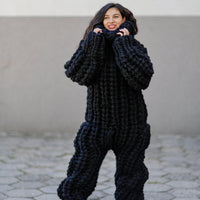Wool Catsuit – 16-Strand Hand-Knitted Chunky 100% Wool Bodysuit with Turtleneck in English Rib – T1054