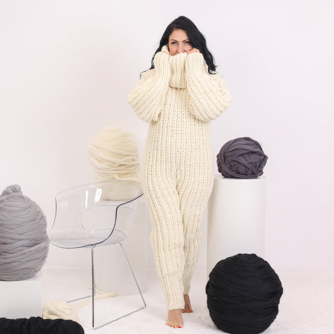 Wool Catsuit – Hand-Knitted 100% Wool Full Body Suit with Extra Long Turtleneck T1622