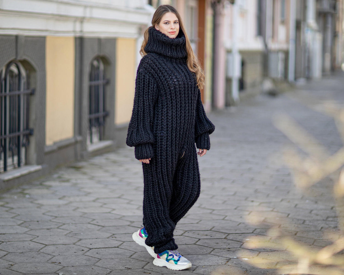 Wool Catsuit 100% – Hand-Knitted English Rib Full Body Suit with Extra Long Turtleneck – T1020