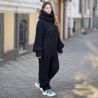 Wool Catsuit 100% – Hand-Knitted English Rib Full Body Suit with Extra Long Turtleneck – T1020