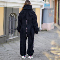 Wool Catsuit 100% – Hand-Knitted English Rib Full Body Suit with Extra Long Turtleneck – T1020